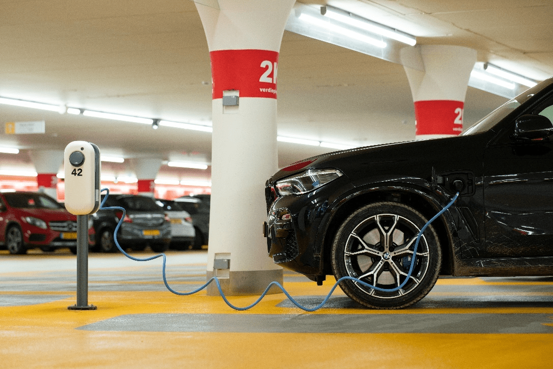 An EV public charging in the parking lot.