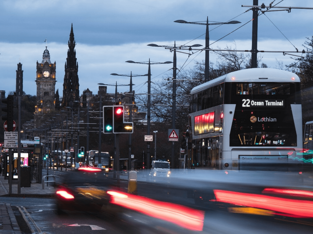 Traffic in London during the evening.